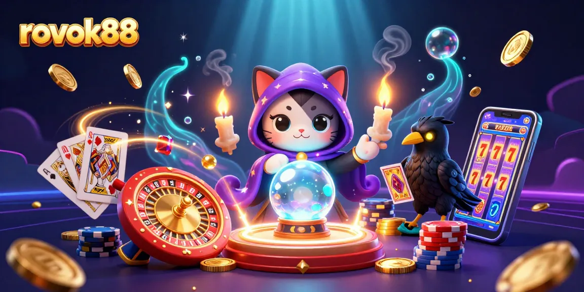 Experience the thrill of rokok88 with dynamic casino elements, including coins, cards, and a mystical cat!