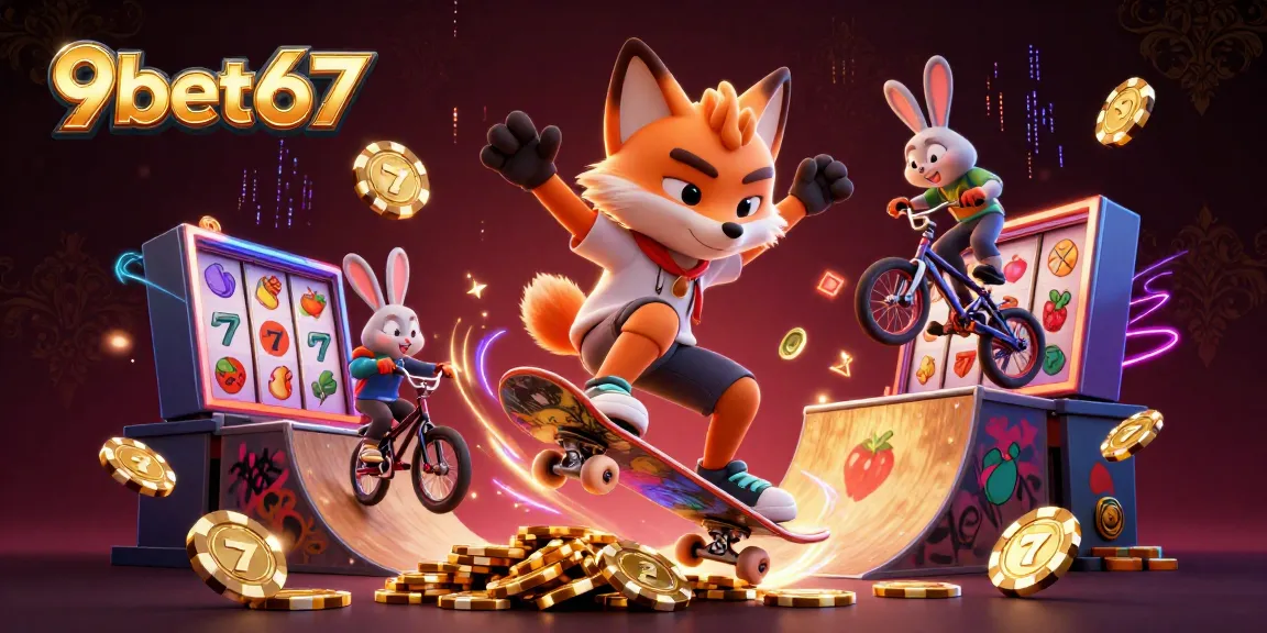 Engaging 3D casino art featuring 9bet67 with a skateboard fox and BMX rabbit in a vibrant slots scene.