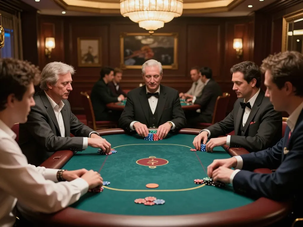 79king players strategizing at an upscale poker table in a luxurious casino