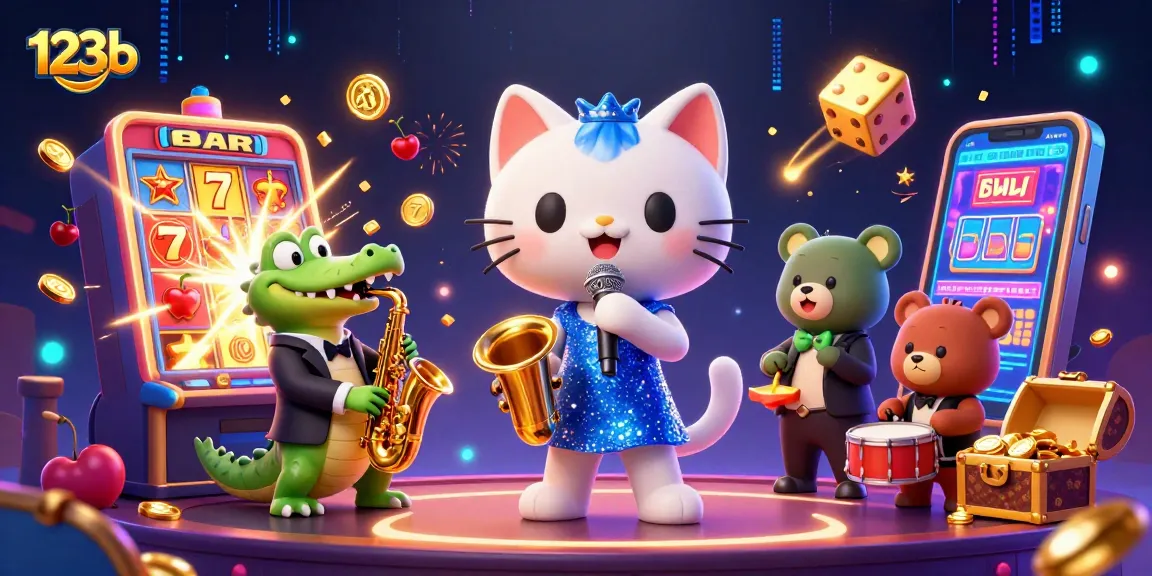 Engage with the thrilling world of 123b as a jazzy cat, croc, and bear animate a casino scene complete with vibrant slot icons.
