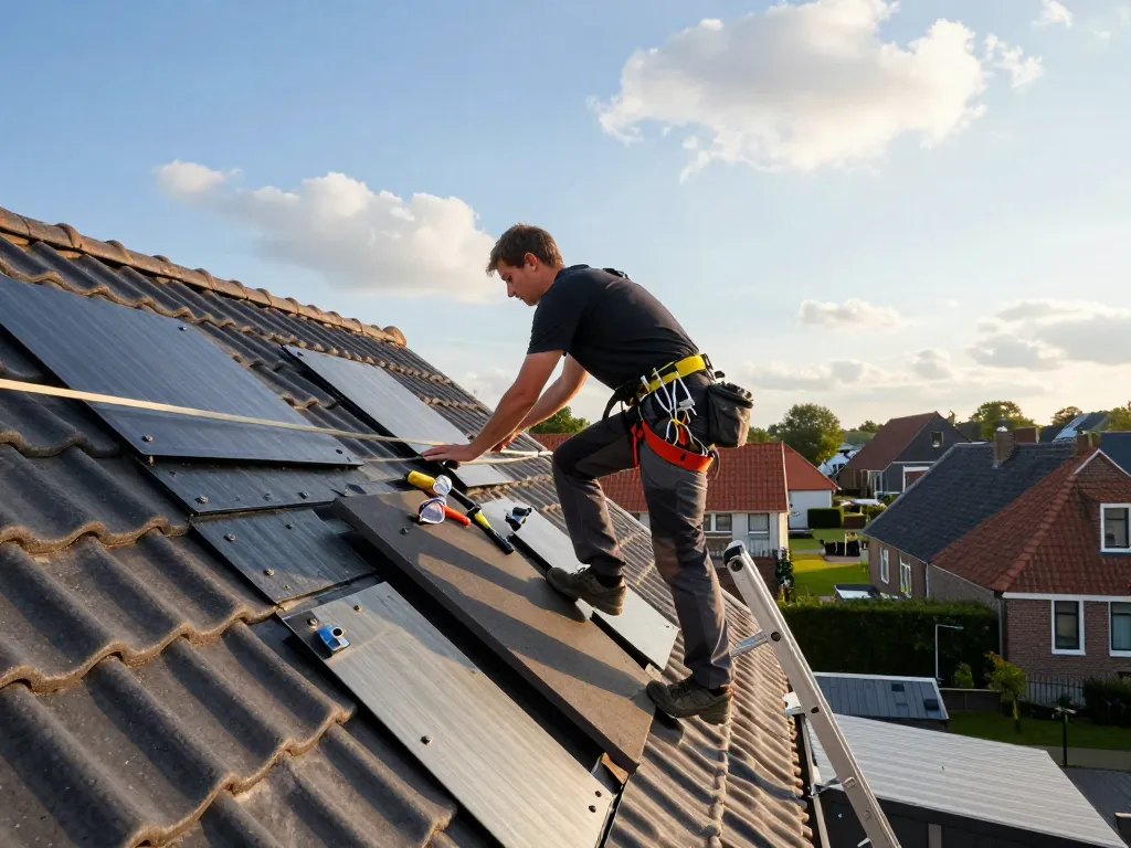 Expert dakdekker in Nijkerk inspecteert dakmaterialen met veiligheidsuitrusting.