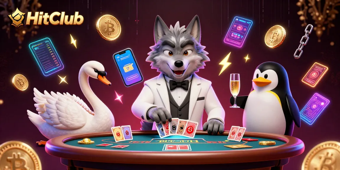 HitClub captivates with its luxurious gaming experience at a baccarat table surrounded by crypto elements.