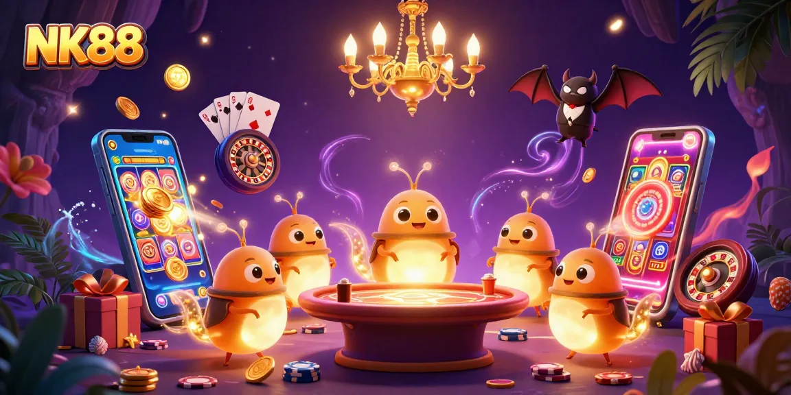 Navigating NK88's vibrant cave casino with glowworms, featuring thrilling slot games and energetic gameplay.