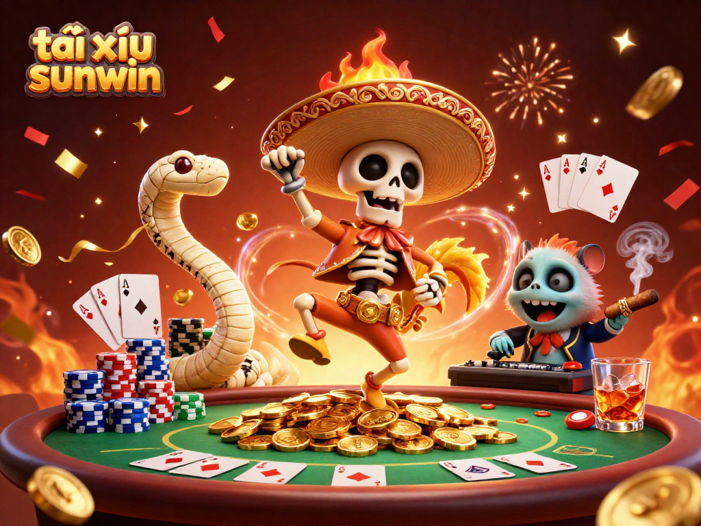 Engage in thrilling tài xỉu sunwin gameplay with vibrant casino characters celebrating a victory.