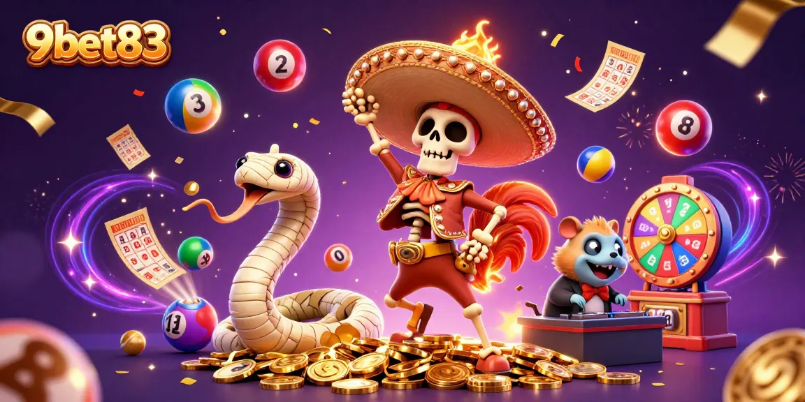 Engage with the vibrant world of 9bet83, featuring animated casino characters celebrating luck and fortune.