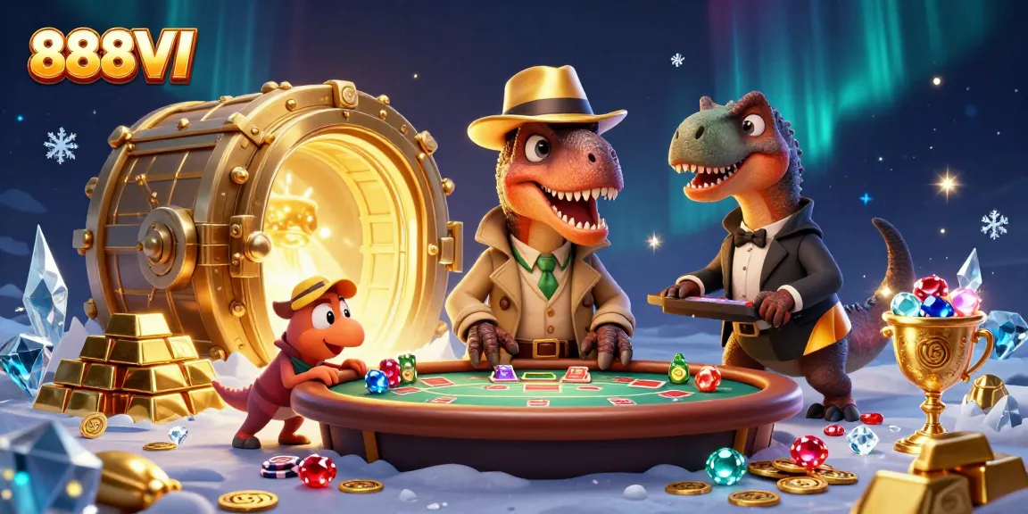 Gamble and win with 888VI's thrilling 3D casino scene showcasing card games and playful characters.