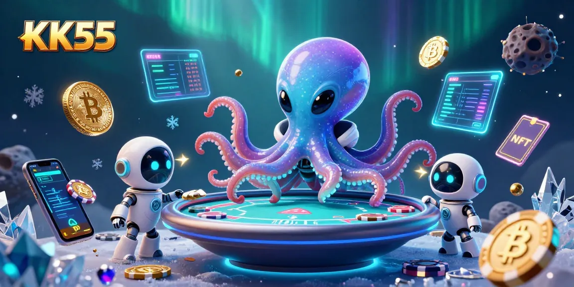 Engage with KK55's exciting alien poker showdown featuring vibrant crypto elements.