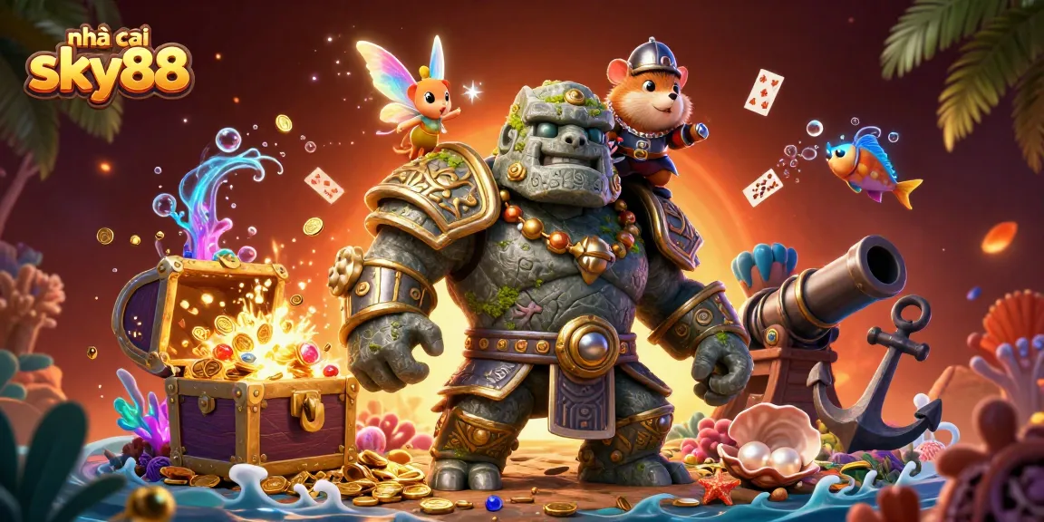 Experience the vibrant excitement of nhà cái sky88 with golem, fairy, and hamster knight amidst casino treasures.