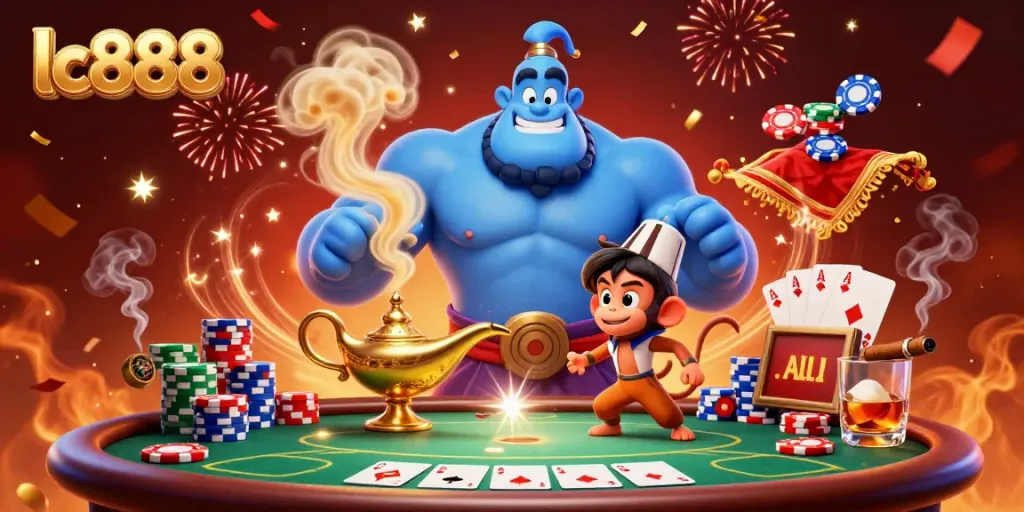 Engage in thrilling gameplay at lc888 with a vibrant casino scene featuring lively characters, poker elements, and a magical atmosphere.