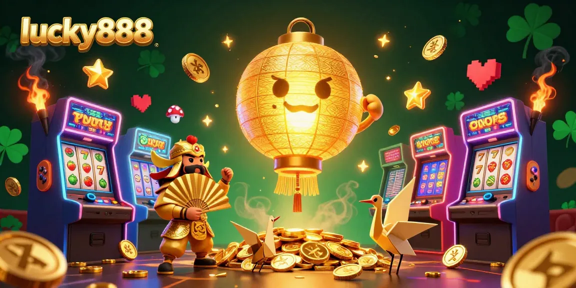 Experience the thrilling lucky888 casino atmosphere with golden lanterns and vibrant slot reels.