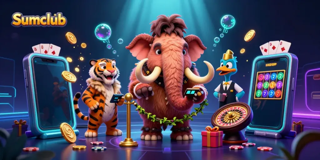 Sumclub casino scene featuring a woolly mammoth bouncer checking IDs while a saber-tooth tiger enters.