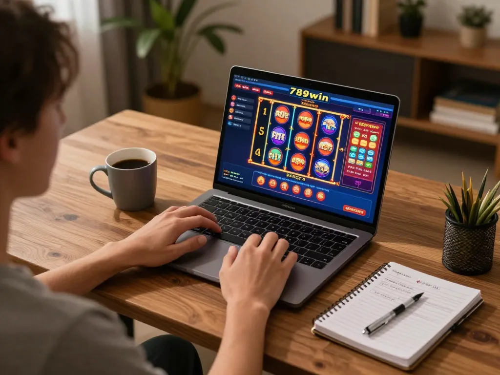 Engaging with 789win casino gameplay on a laptop while enjoying comfortable home setup