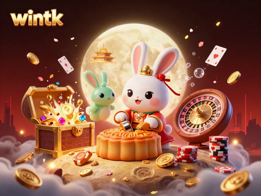 Experience the thrill of wintk as a moon rabbit reveals poker chips from golden mooncakes in a vibrant casino scene.
