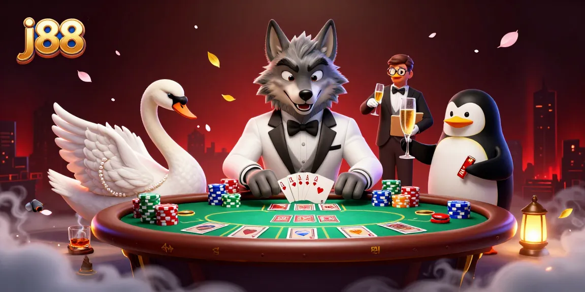 Experience the thrill of j88 with a debonair wolf and friends at an exciting baccarat table.
