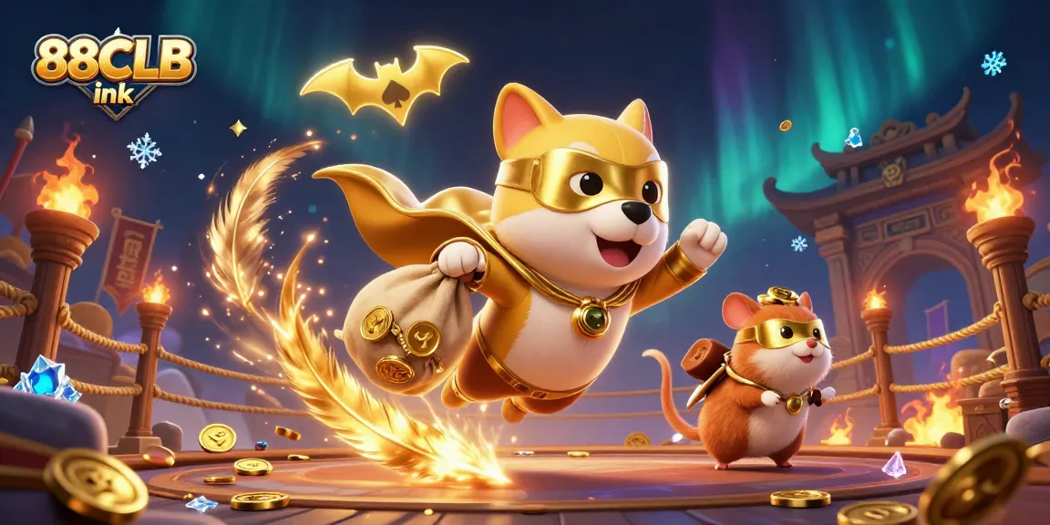 Experience exciting wins at 88CLB ink in this vibrant illustration showcasing a superhero dog and gambling elements.