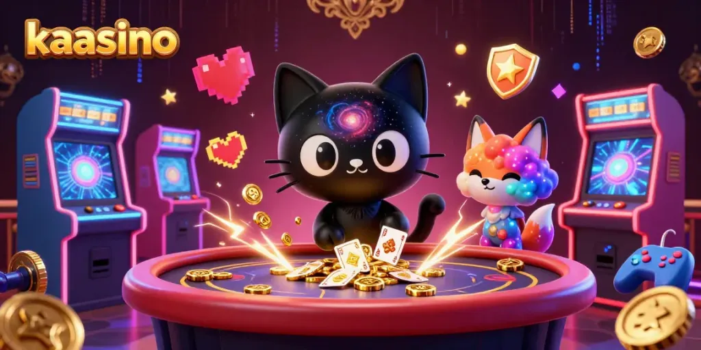 Kaasino showcases an exciting cosmic casino scene with a black hole cat and colorful game elements.