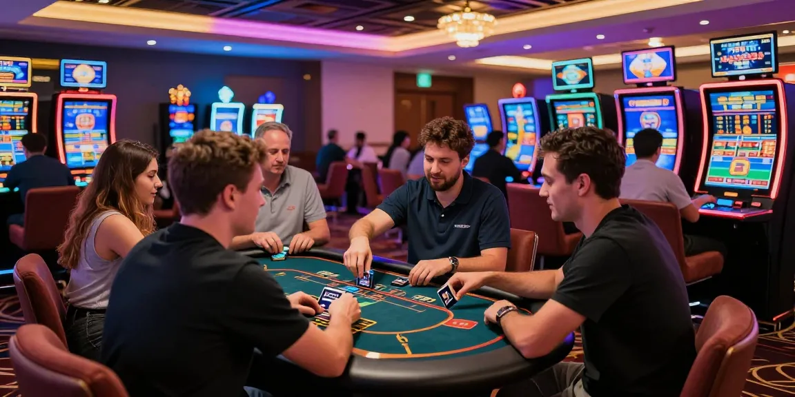 Aufgeregte Spieler in einem Paysafe Card Casino, die Spiele in lebhafter Atmosphäre genießen.