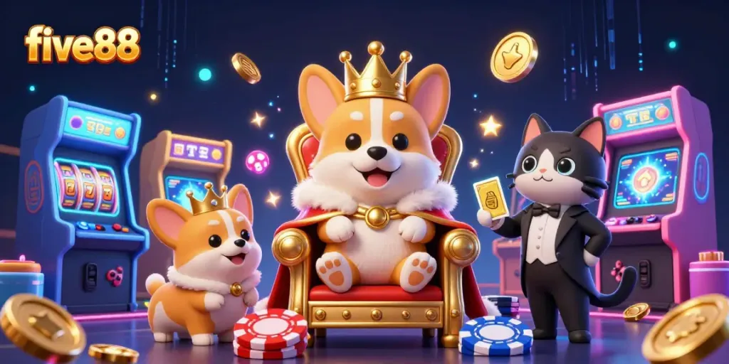 Experience dynamic gaming action with five88's vibrant casino scene featuring royal corgis and exciting game elements.