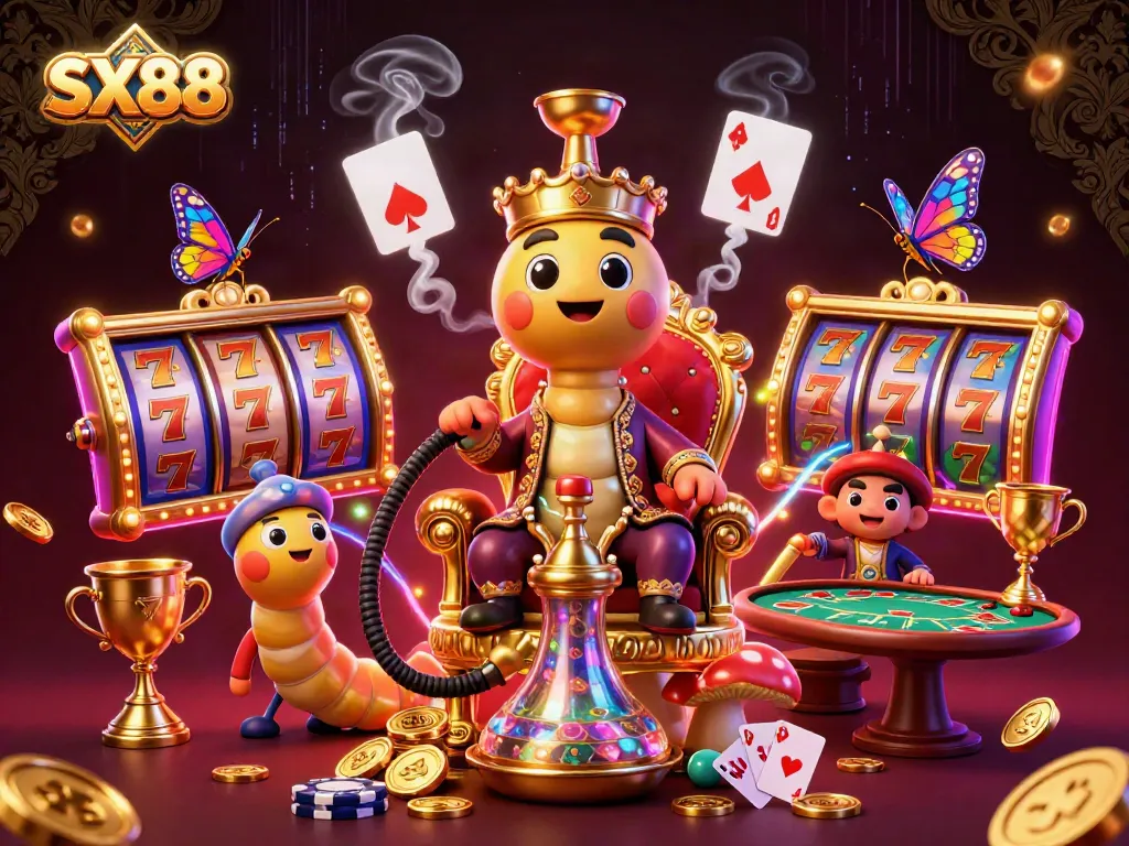 SX88 casino-themed art featuring a caterpillar hookah-master symbolizing luck alongside vibrant slot elements