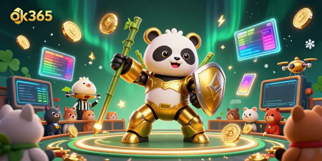 Experience thrilling action at ok365 with this vibrant illustration featuring a golden panda in a mech-suit in a dynamic casino scene.