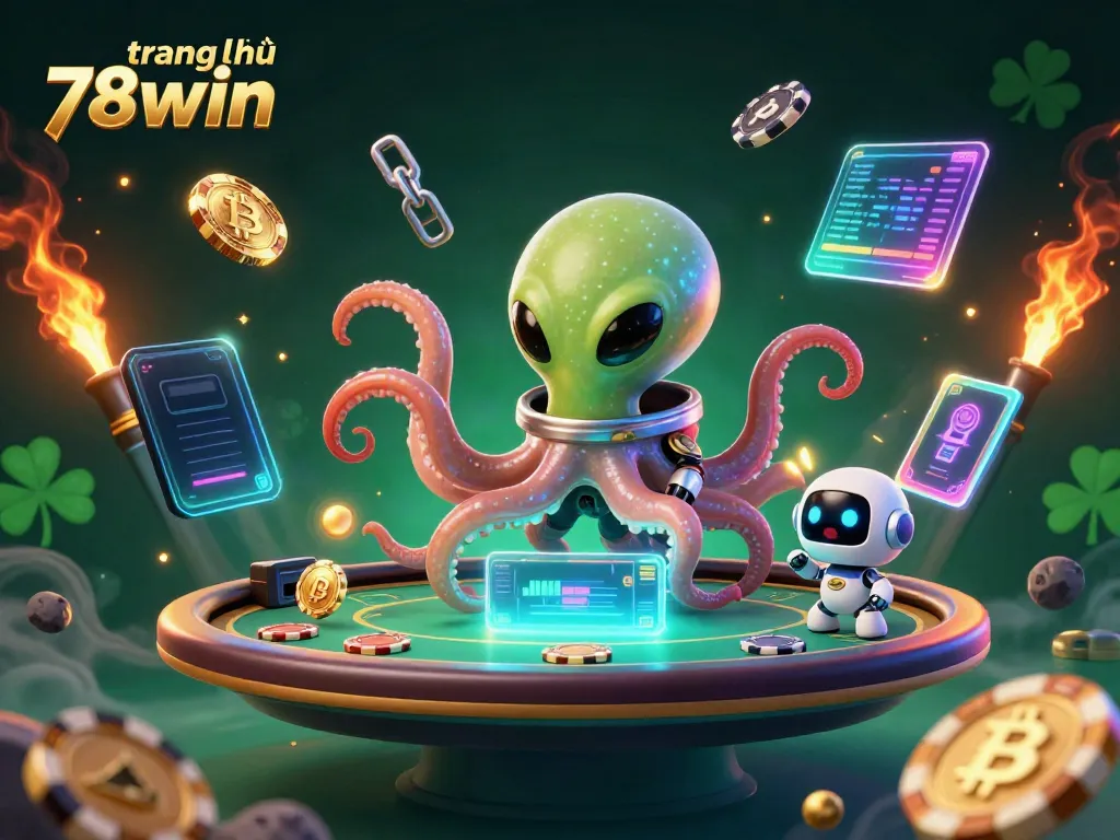 Engage in the excitement with trang chủ 78win as a vibrant alien octopus operates a holographic poker table.