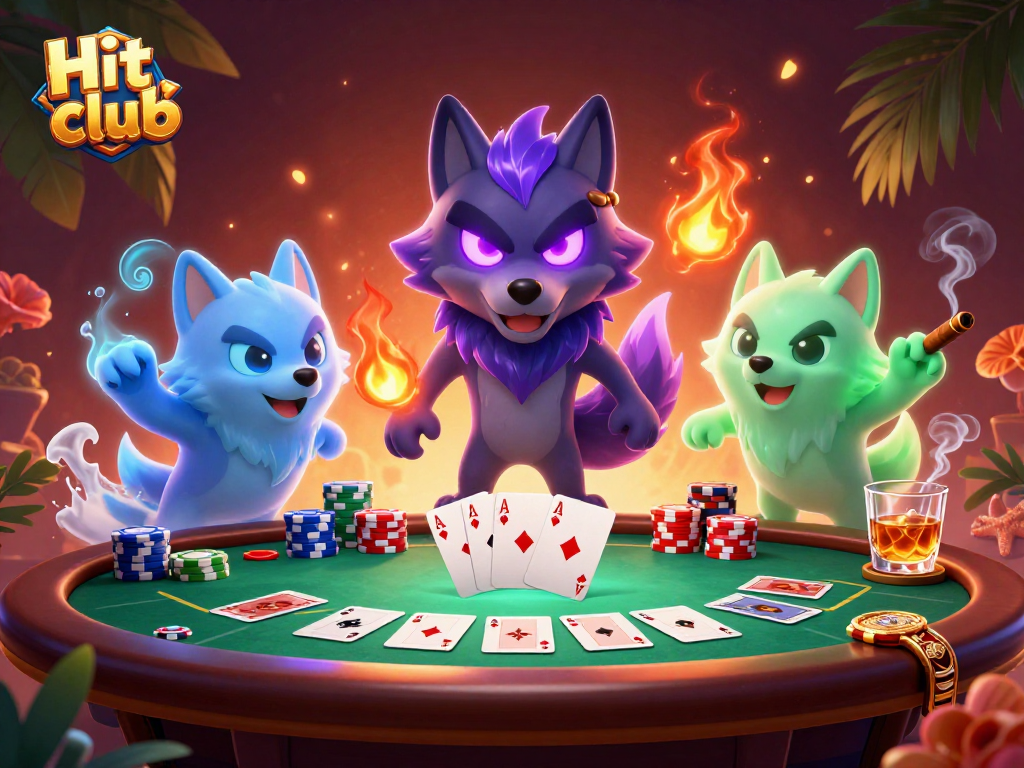 Engage with Hit club at a vibrant poker scene filled with spectral wolves and exciting game elements.
