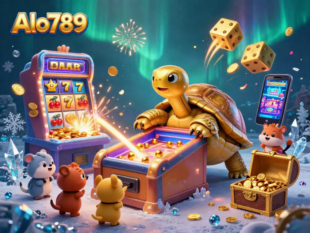 Alo789 invites gamblers to play thrilling casino games with a vibrant 3D illustration showcasing a colorful jackpot scene.