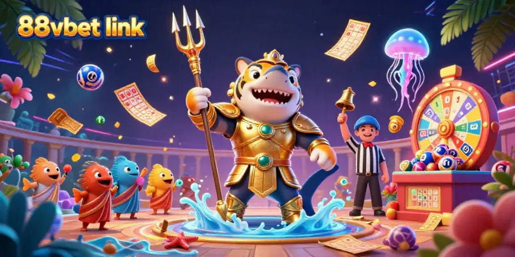 Engage with the fun atmosphere of the 88vbet link featuring a tiger shark and lottery elements in a vibrant underwater scene.