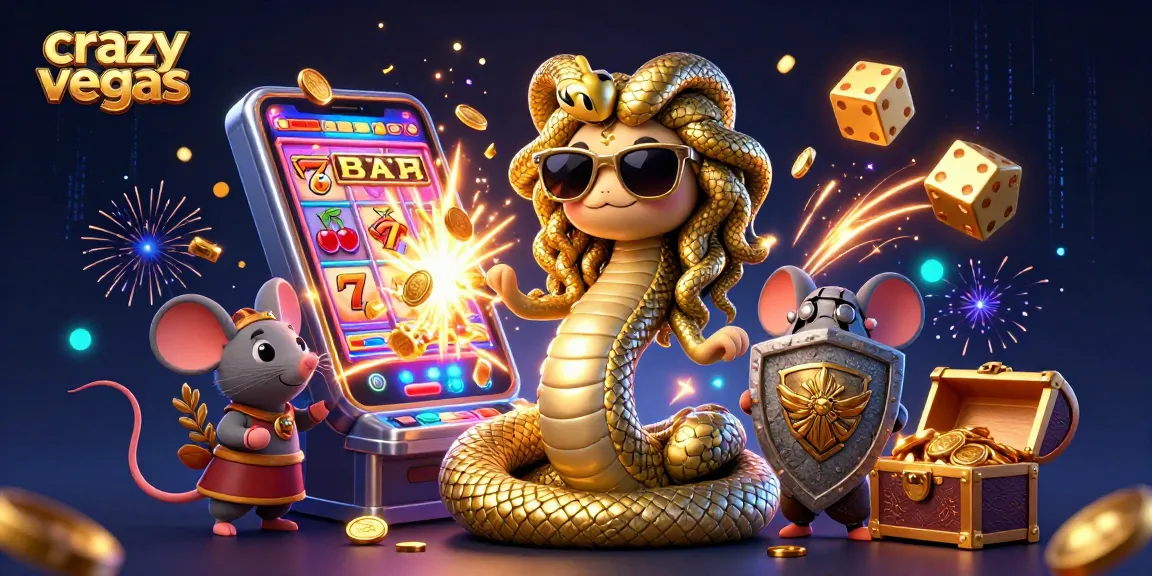 Spin to win with crazyvegas in an exciting casino scene filled with 3D characters and slot machines.