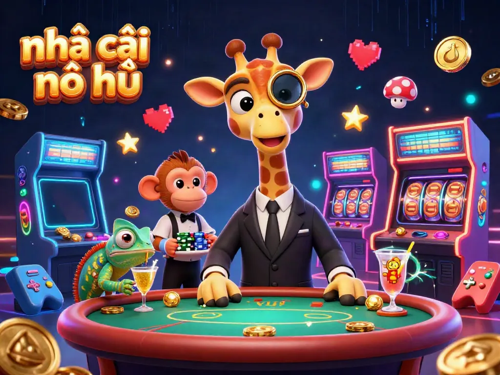 Engaging scene featuring nhà cái nổ hũ elements with a giraffe, monkey, and chameleon in a vibrant casino environment.