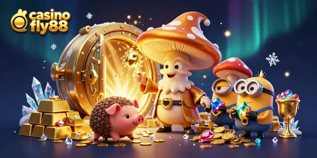 Engage with casino fly88's vibrant 3D scene featuring a golden wizard and treasure elements.