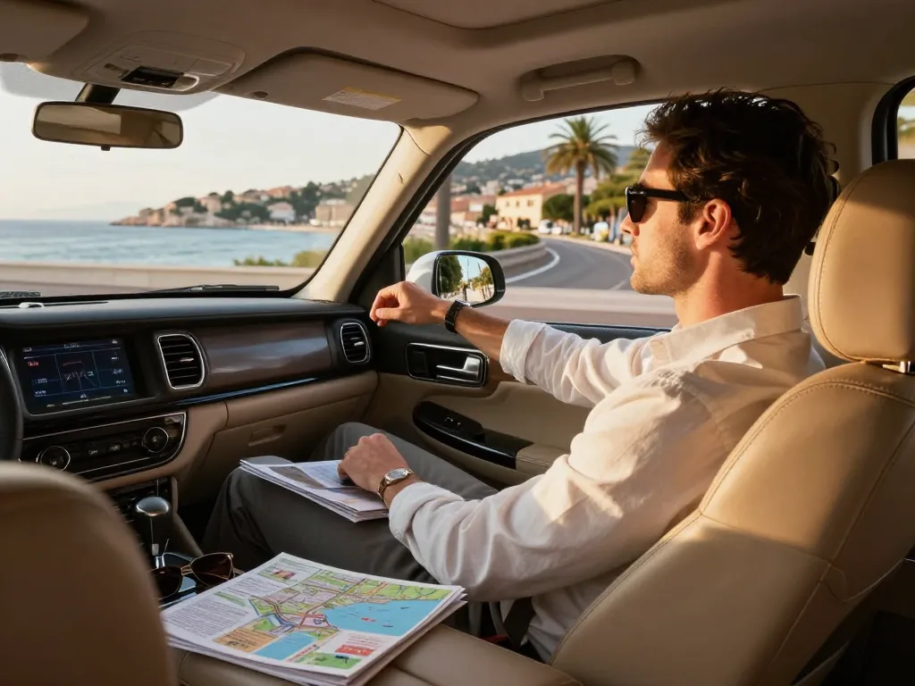 Voyage de luxe dans un Taxi Saint Tropez, mettant en avant des vues côtières pittoresques dans un véhicule haut de gamme.