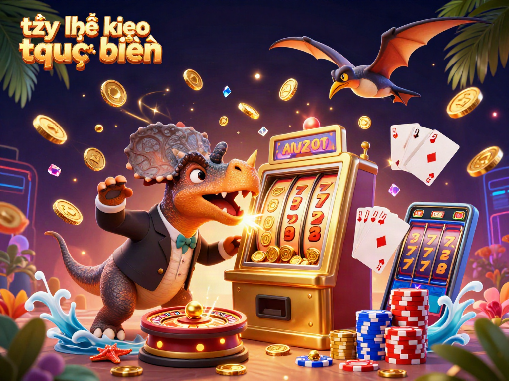 Engaging scene depicting tỷ lệ kèo trực tuyến with cartoon dinosaurs in a casino, golden coins flying.