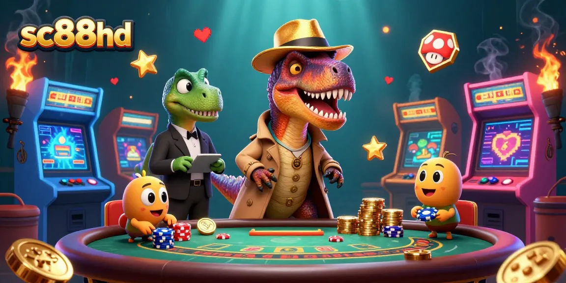 Experience thrilling casino moments at sc88hd with playful dinosaurs in a vibrant gaming scene.