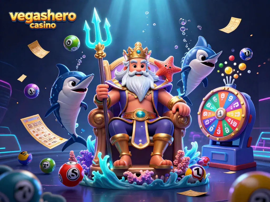 Win big at vegashero casino with vibrant 3D illustrations of Neptune and game elements.