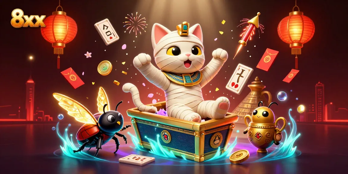 Engage with 8xx in a vibrant casino scene featuring a mummy cat and mystical elements.