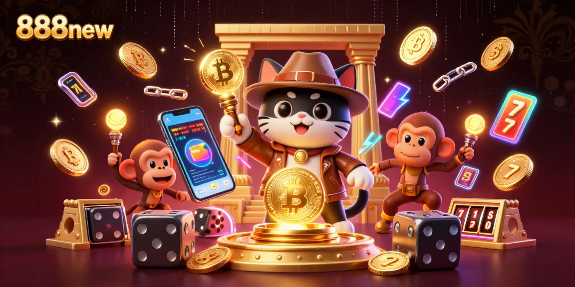Engage with 888new in a vibrant 3D illustration of an archaeologist cat uncovering casino treasures.