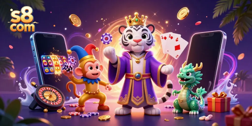 Engage with exciting games at s8 com featuring a playful scene of a tiger, monkey, and a jade dragon.