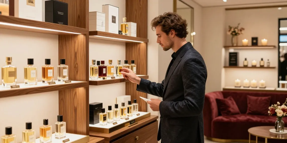 Parfum cadeau man in luxe winkel met geuren en advies van expert.