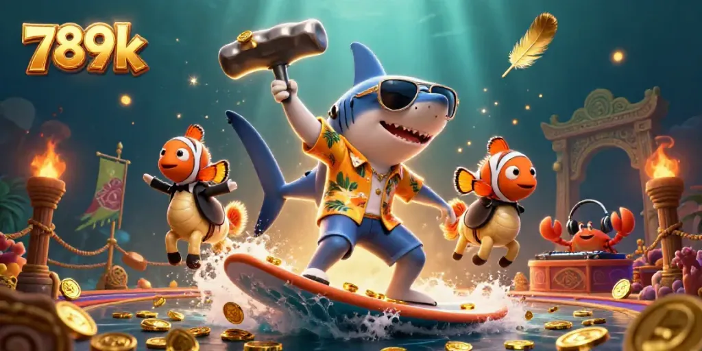 Experience thrilling gameplay at 789k with an exciting scene of a hammer-head shark amidst vibrant casino elements.