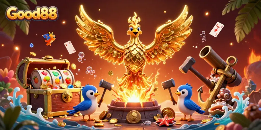 Experience the excitement of Good88 with a golden phoenix, slot reels, and treasures in a vibrant casino scene.