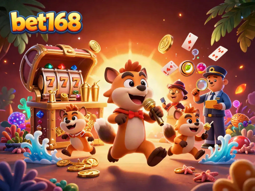 Experience the excitement of bet168 with a lively cartoon casino scene featuring hyenas and vibrant game elements.