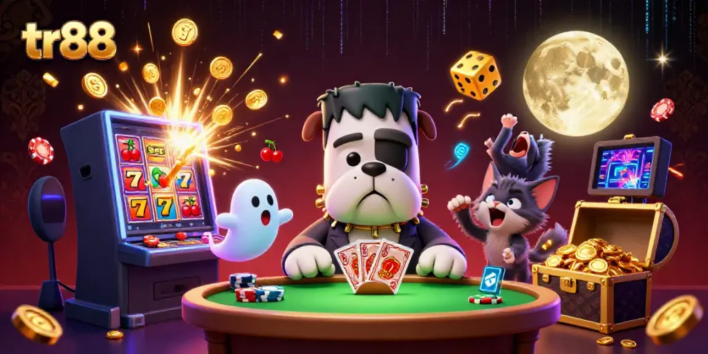 Experience thrilling gameplay at tr88 as the Frankenstein bulldog deals cards amidst a jackpot explosion.