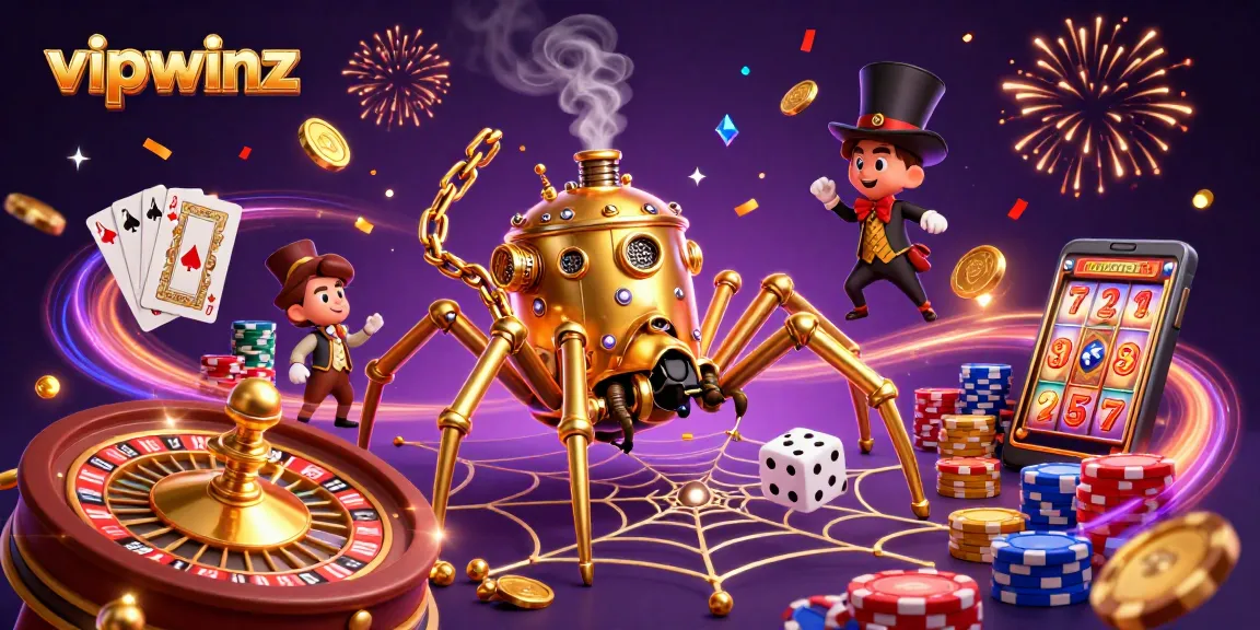 Experience thrilling games at vipwinz, where a charming golden spider weaves excitement in a vibrant casino scene.