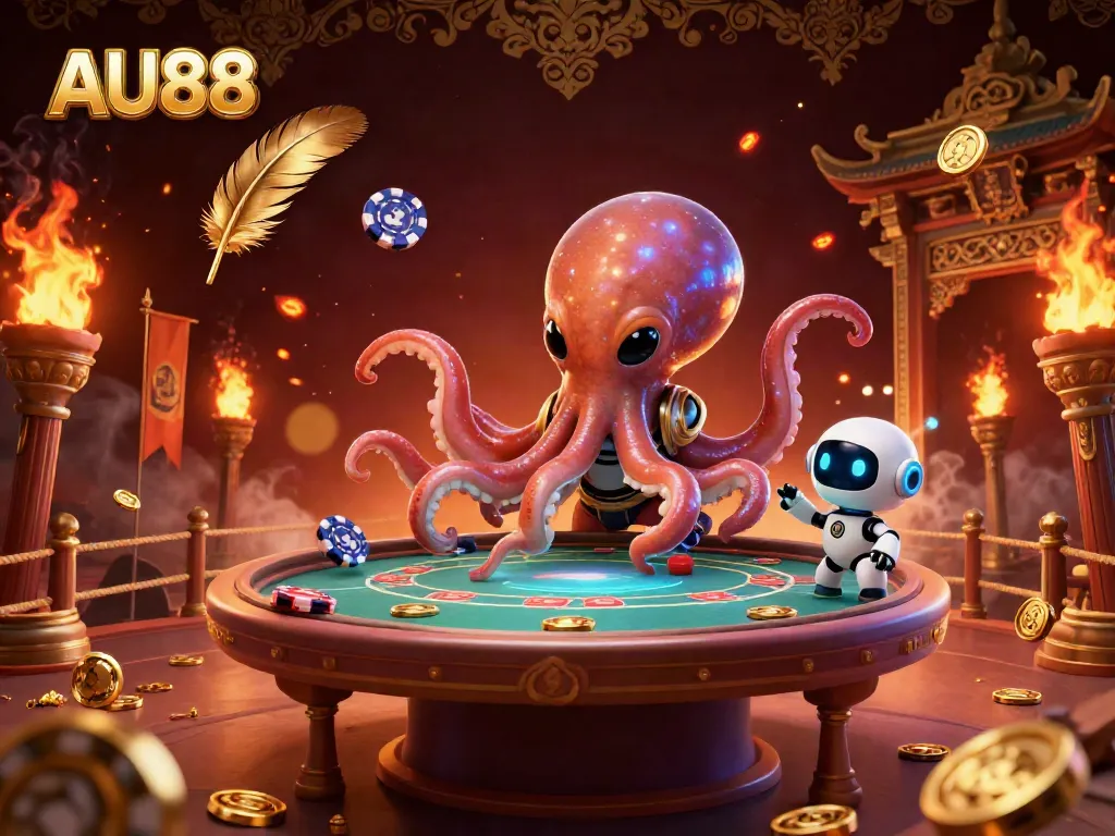 Experience the excitement of AU88 with an alien octopus managing a holographic poker game amidst swirling golden elements.