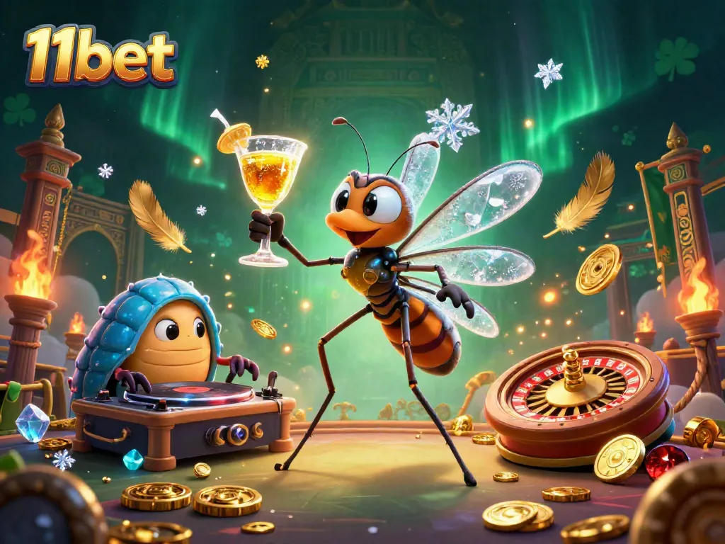Experience the excitement of 11bet with a cartoon mosquito mascot and casino elements in a vibrant casino setting.