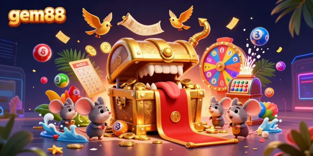 Play exciting games at gem88 with a vibrant scene of treasure and lottery elements, bringing thrills to players.
