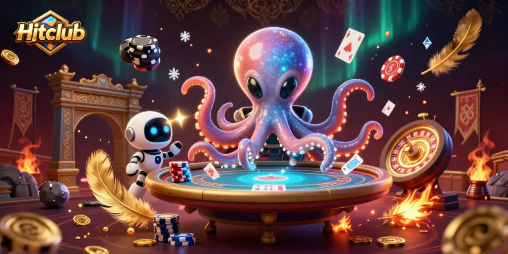 Hitclub delivers an immersive gambling experience with a cosmic octopus at a poker table.