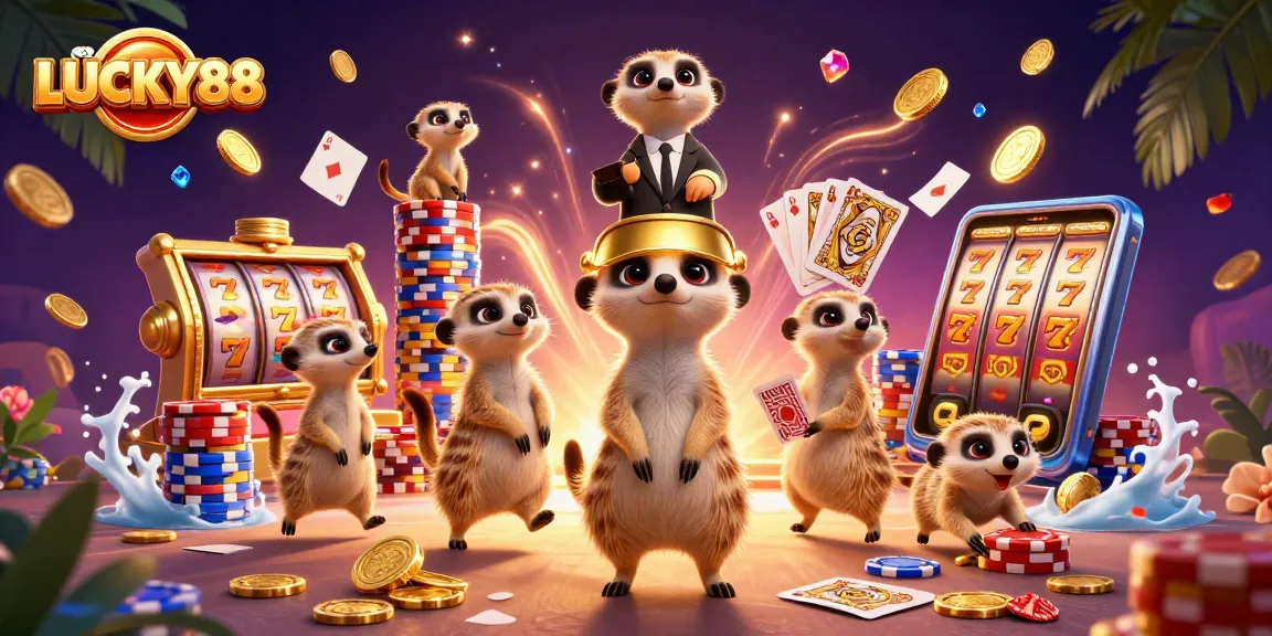 Engage in thrilling gameplay with LUCKY88 as meerkats lead a vibrant casino scene packed with action.