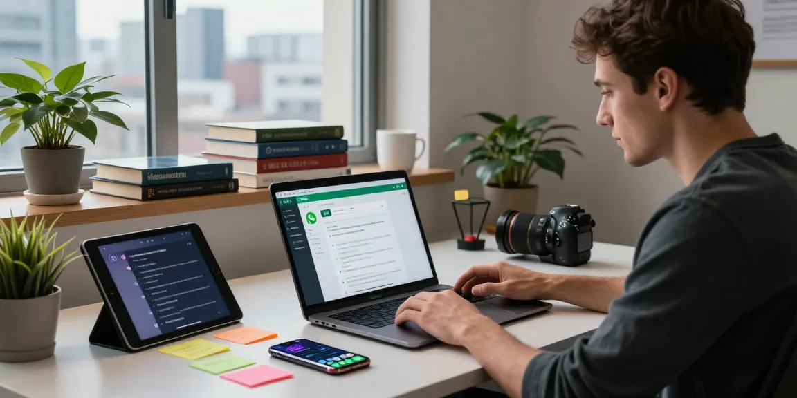 Engaged user accessing WhatsApp網頁版 on laptop in a modern workspace, showcasing technology and productivity.